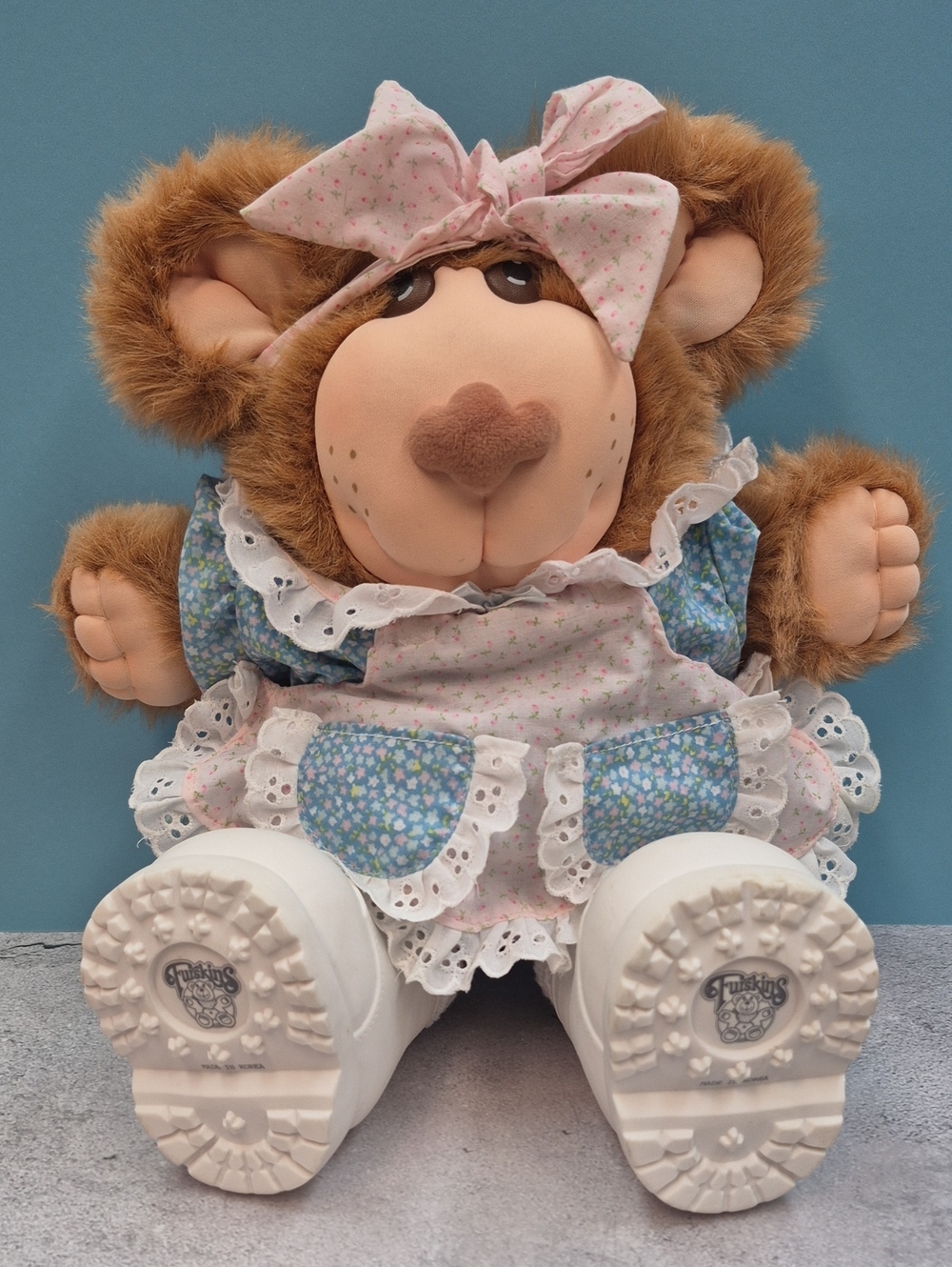 Plush Brown Bear with Pink Floral Bow and Dress